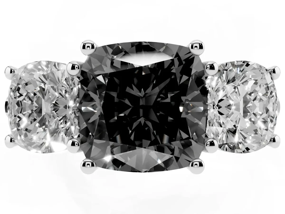 Fancy Black Three-Stone Cushion Cut Diamond Ring with Round Pavé Band and Prong Setting Silver