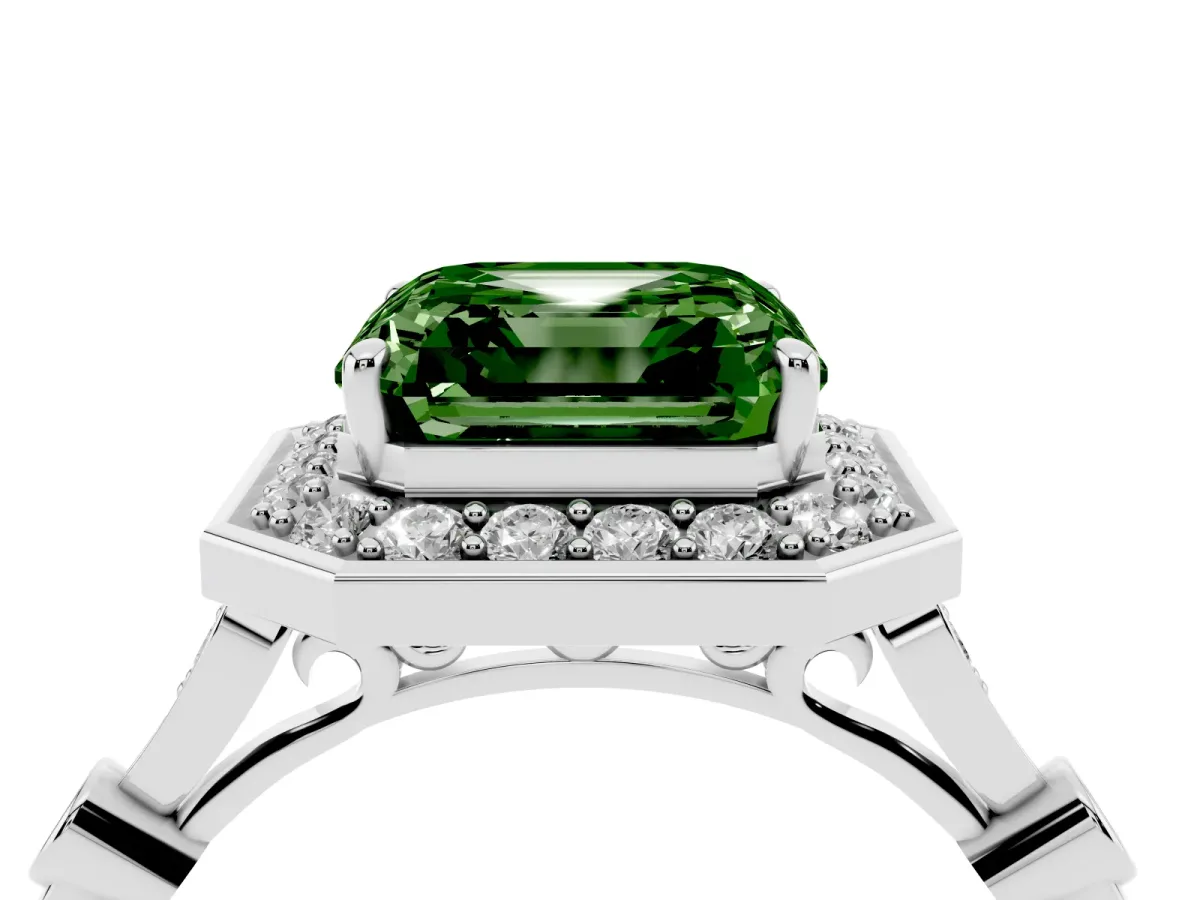 Fancy Green Asscher Cut Halo Diamond Engagement Ring with Twisted Band and Four-Prong Setting White gold