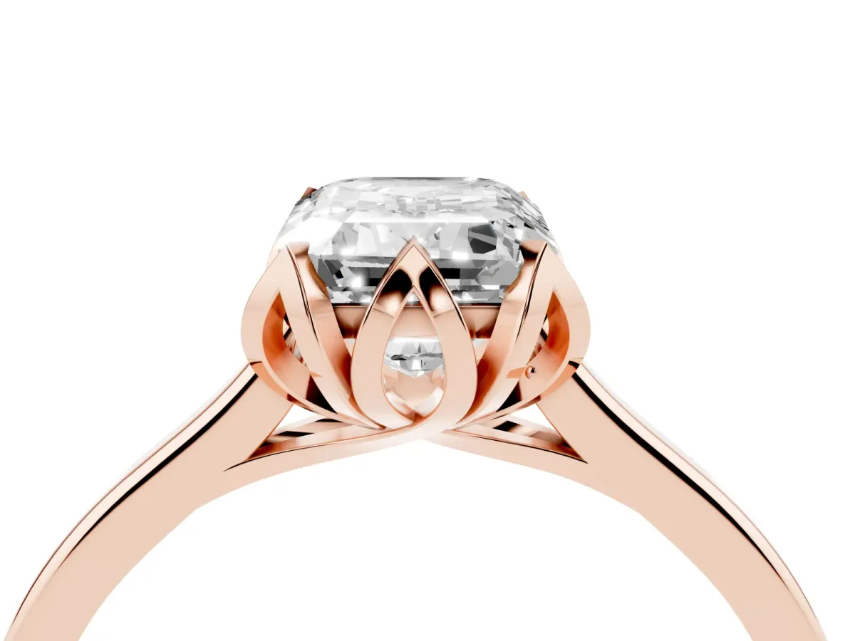 Emerald Cut Diamond Solitaire Ring with Flower Prong Setting and Classic Band Rose gold