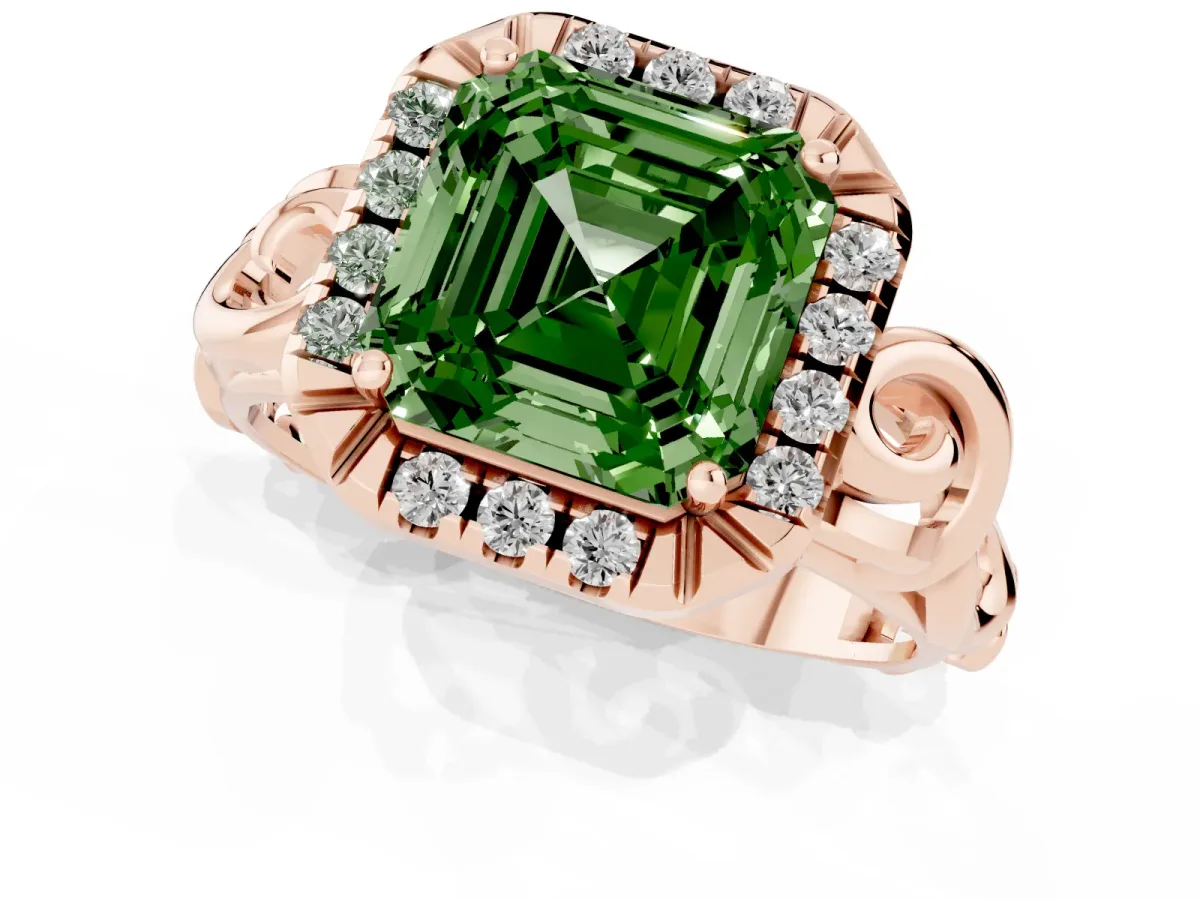Fancy Green Asscher Cut Cut Halo Diamond Ring with Scrollwork Band and Four-Prong Setting Rose gold