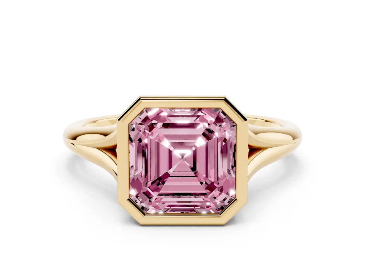 Fancy Pink Bezel Set Asscher Cut Cut Solitaire Ring with Tapered Band Yellow gold