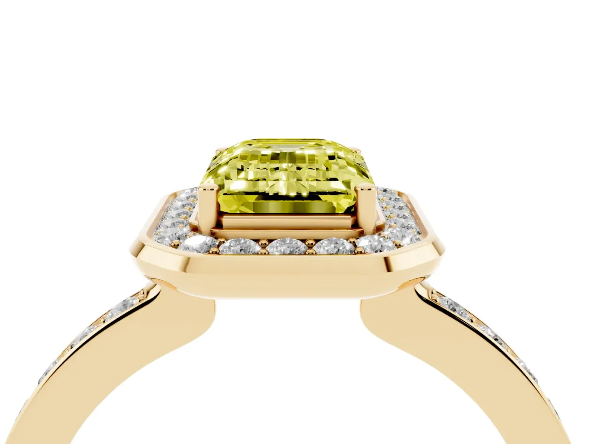 Fancy Yellow Emerald Cut Diamond Halo Ring with Bezel Frame and Pavé Band Yellow gold