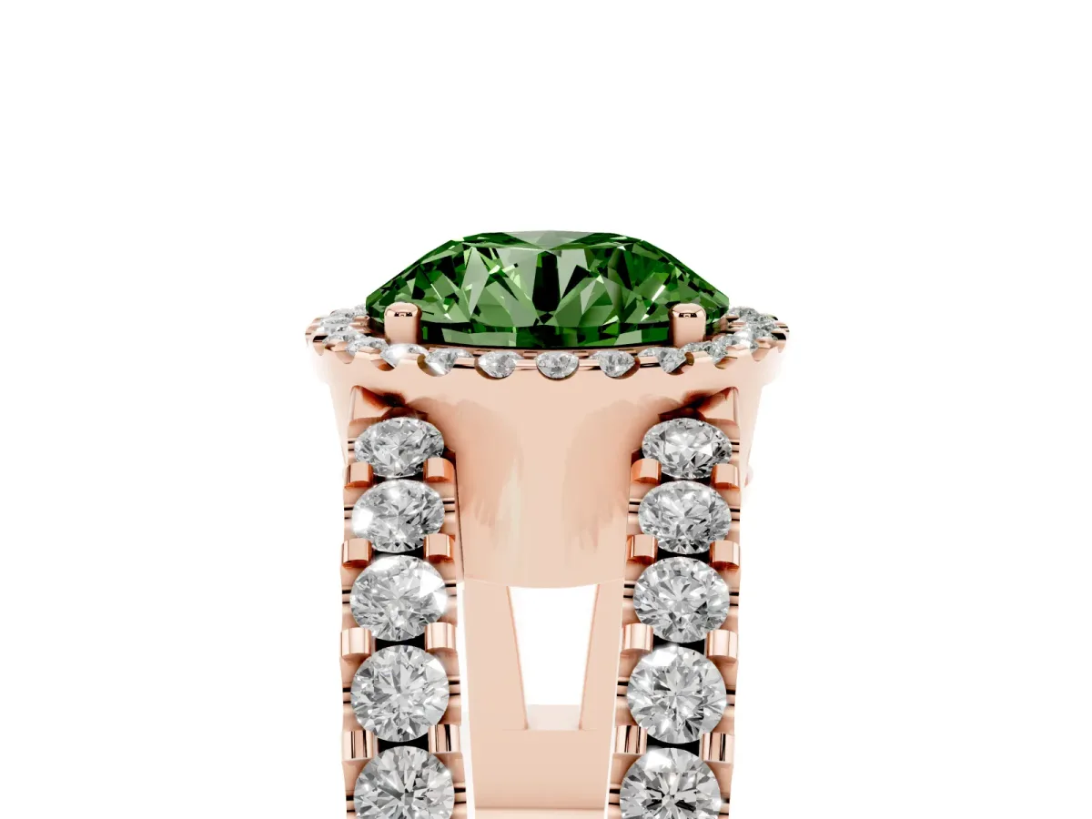Fancy Green Round Cut Cut Halo Split Shank Diamond Ring with Four-Prong Setting Rose gold