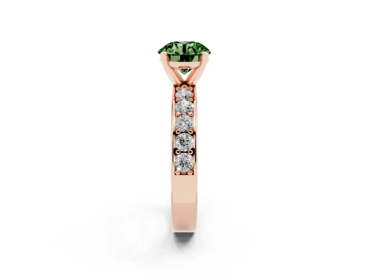 Fancy Green Round Cut Diamond Engagement Ring with Channel Set Round Band and Prong Setting Rose gold