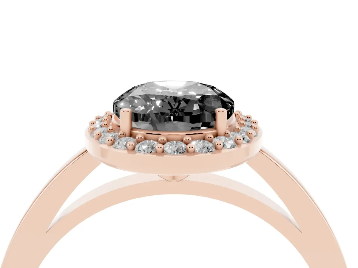 Fancy Black Oval Cut Halo Diamond Ring with Solitaire Band and Prong Setting Rose gold