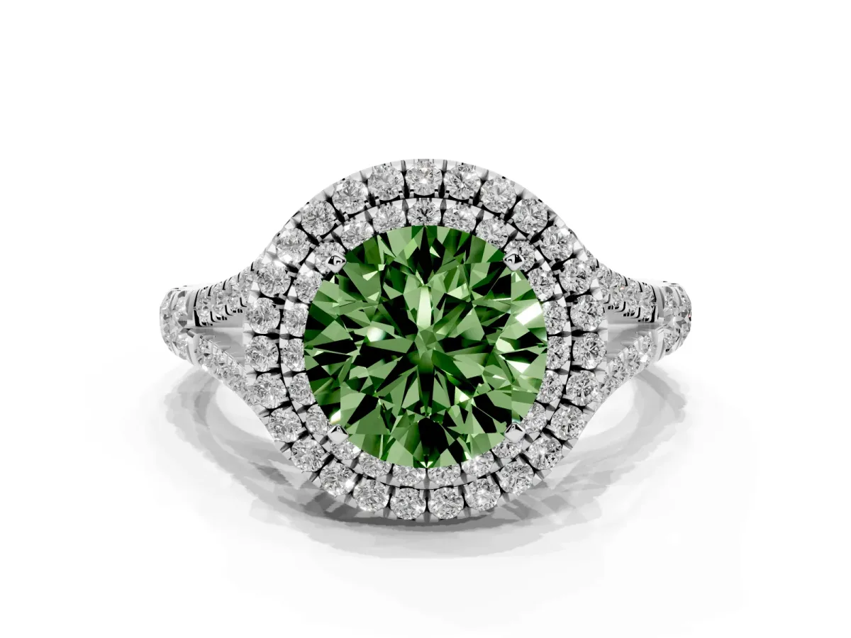 Fancy Green Round Cut Diamond Double Halo Ring with Split Shank and Prong Setting Platinum