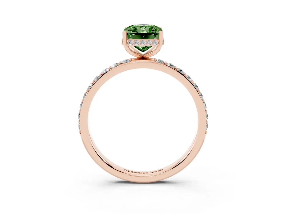Fancy Green Radiant Cut Diamond Solitaire Ring with Pavé Band and Hidden Halo Rose gold