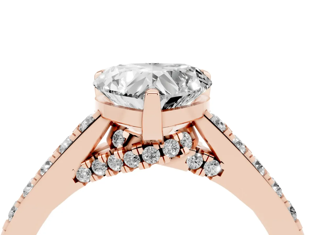 Heart Cut Diamond Solitaire Ring with Crossover Gallery and Round Pavé Band Rose gold