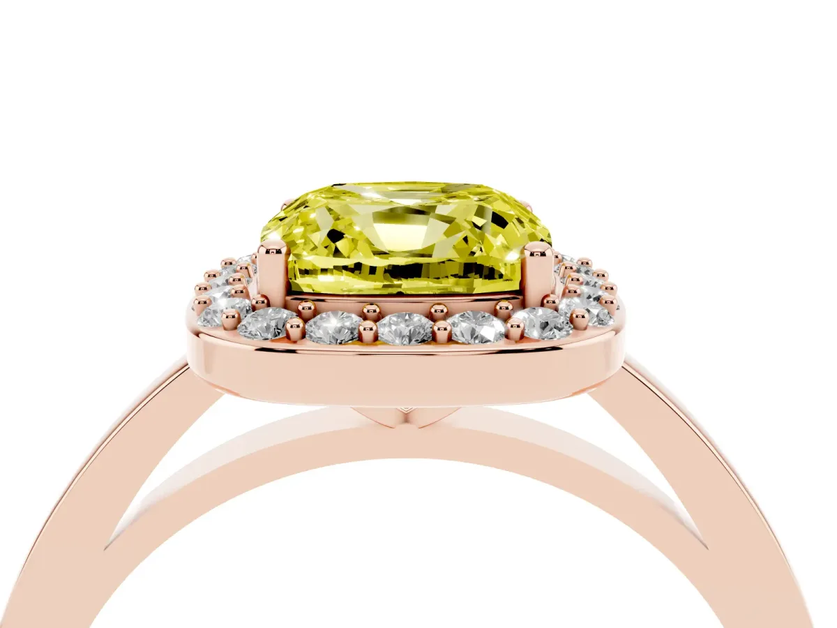 Fancy Yellow Cushion Cut Halo Diamond Ring with Solitaire Band and Prong Setting Rose gold