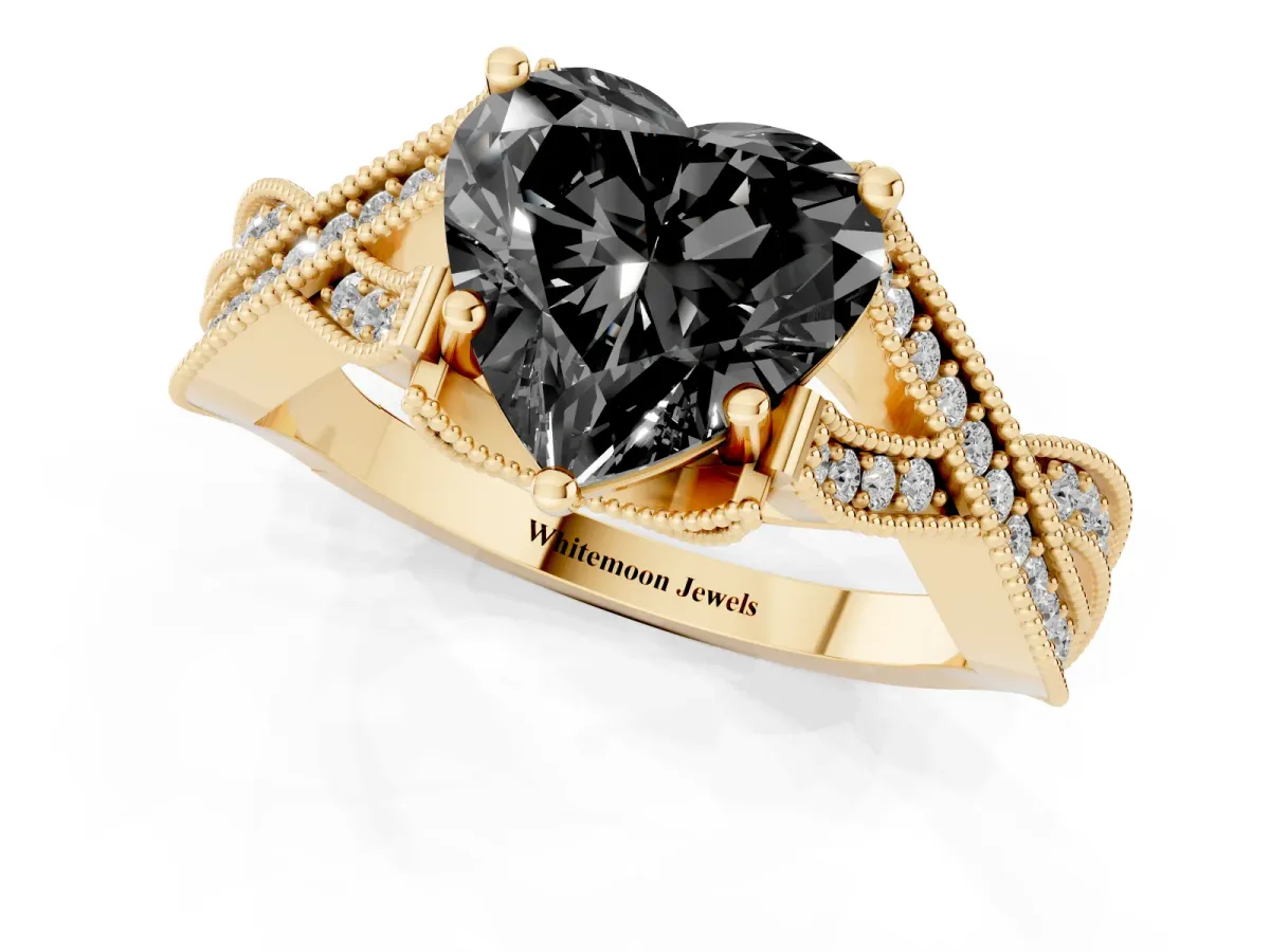 Fancy Black Heart Cut Cut Diamond Twisted Band with Milgrain Pave Setting and Four-Prong Setting Yellow gold