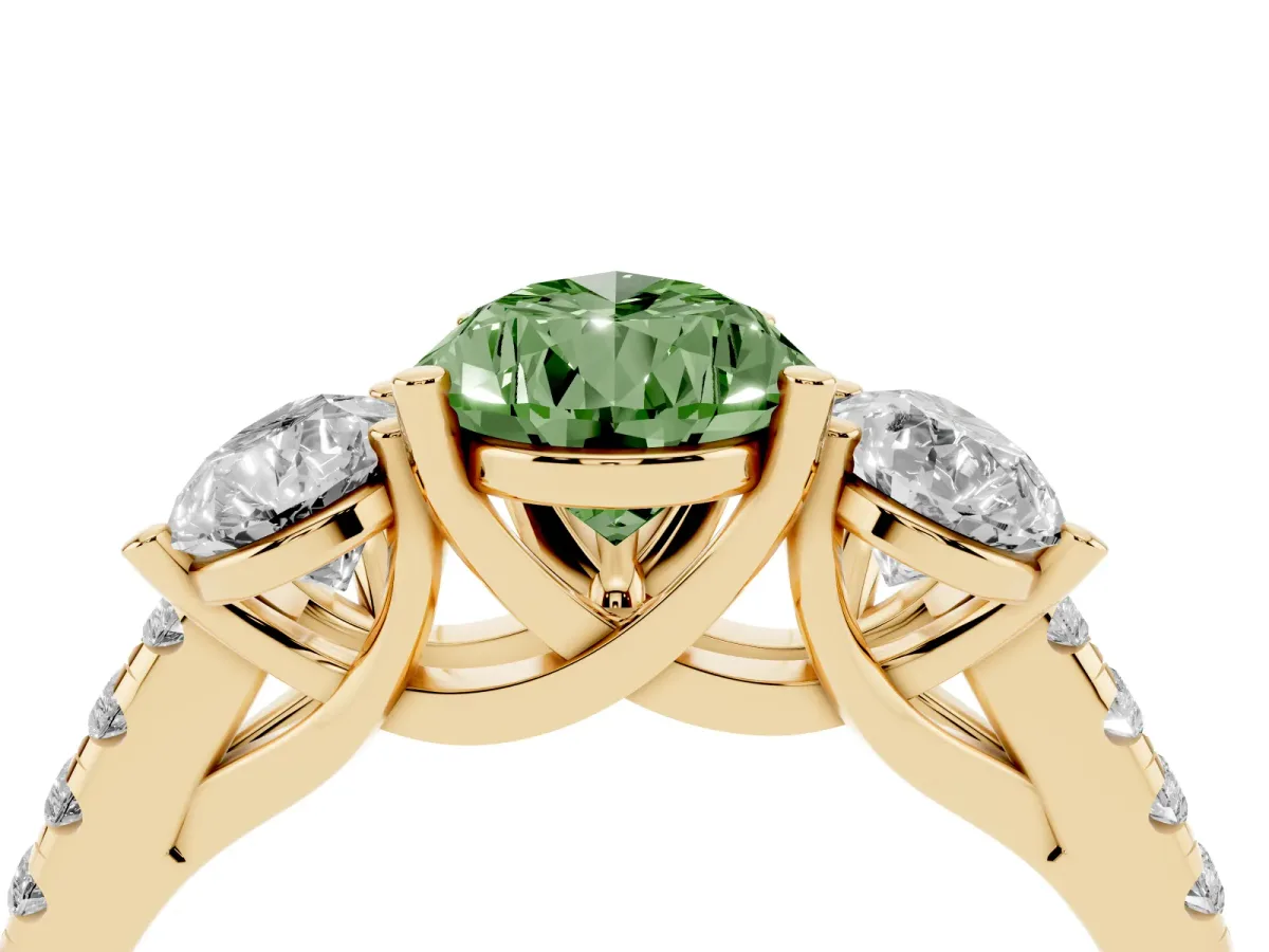 Fancy Green Three-Stone Pear Cut Diamond Ring with Round Pavé Band and Prong Setting Yellow gold
