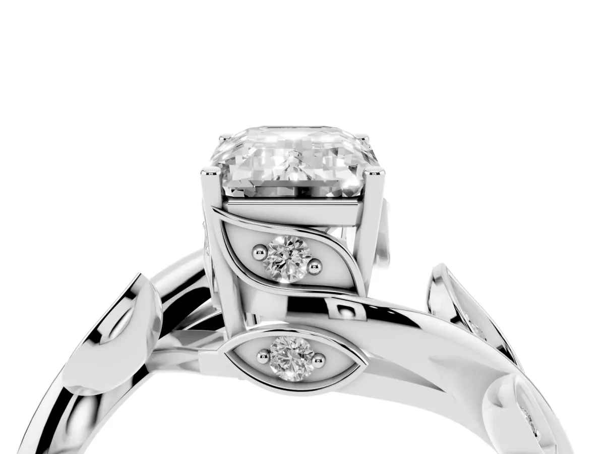 Emerald Cut Solitaire Twist Engagement Ring with Leaf Accents and Prong Setting Silver
