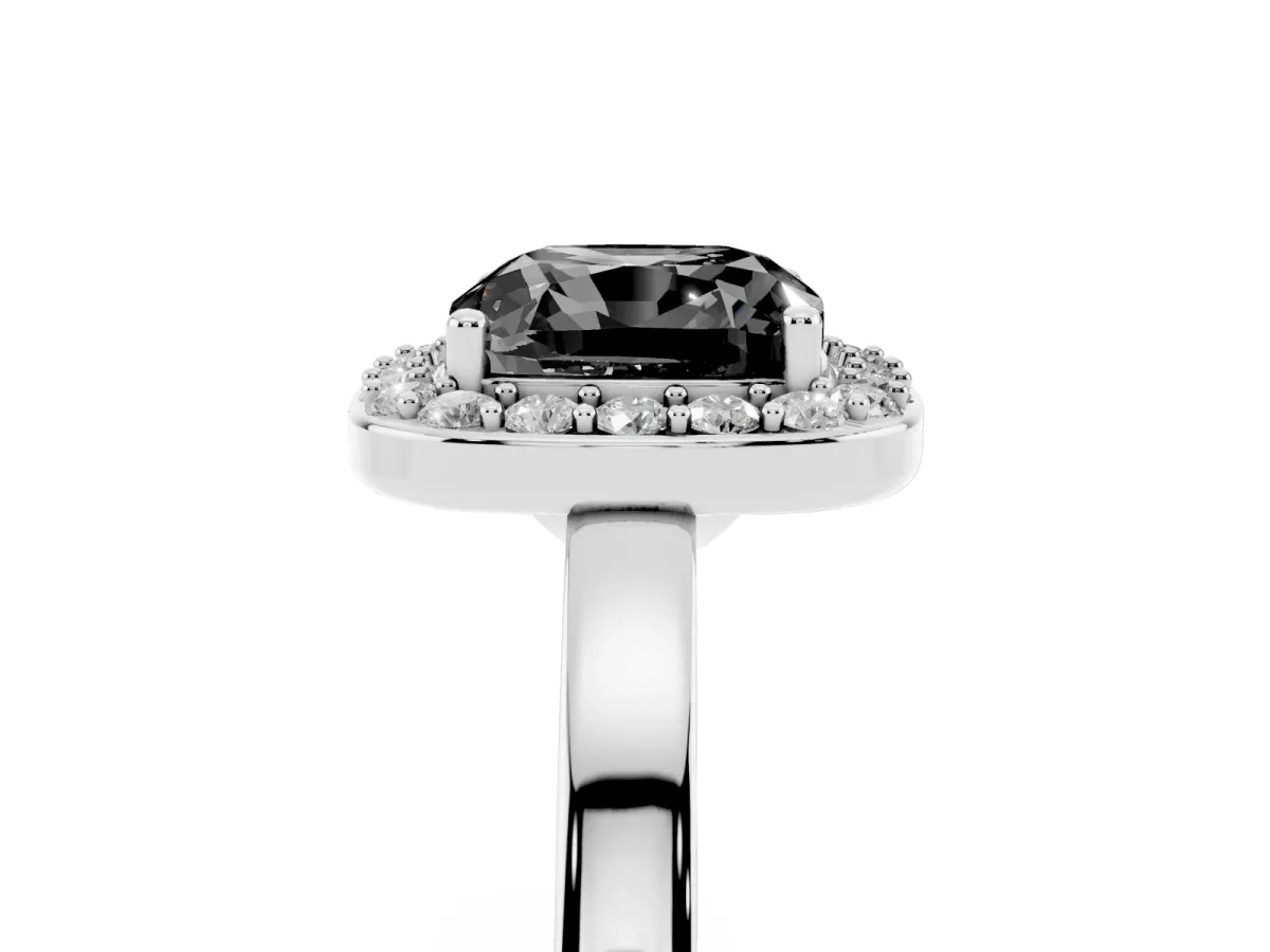 Fancy Black Cushion Cut Halo Diamond Ring with Solitaire Band and Prong Setting Platinum