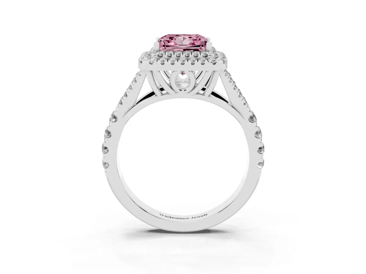 Fancy Pink Princess Cut Cut Double Halo Split Shank Diamond Ring with Prong Setting White gold
