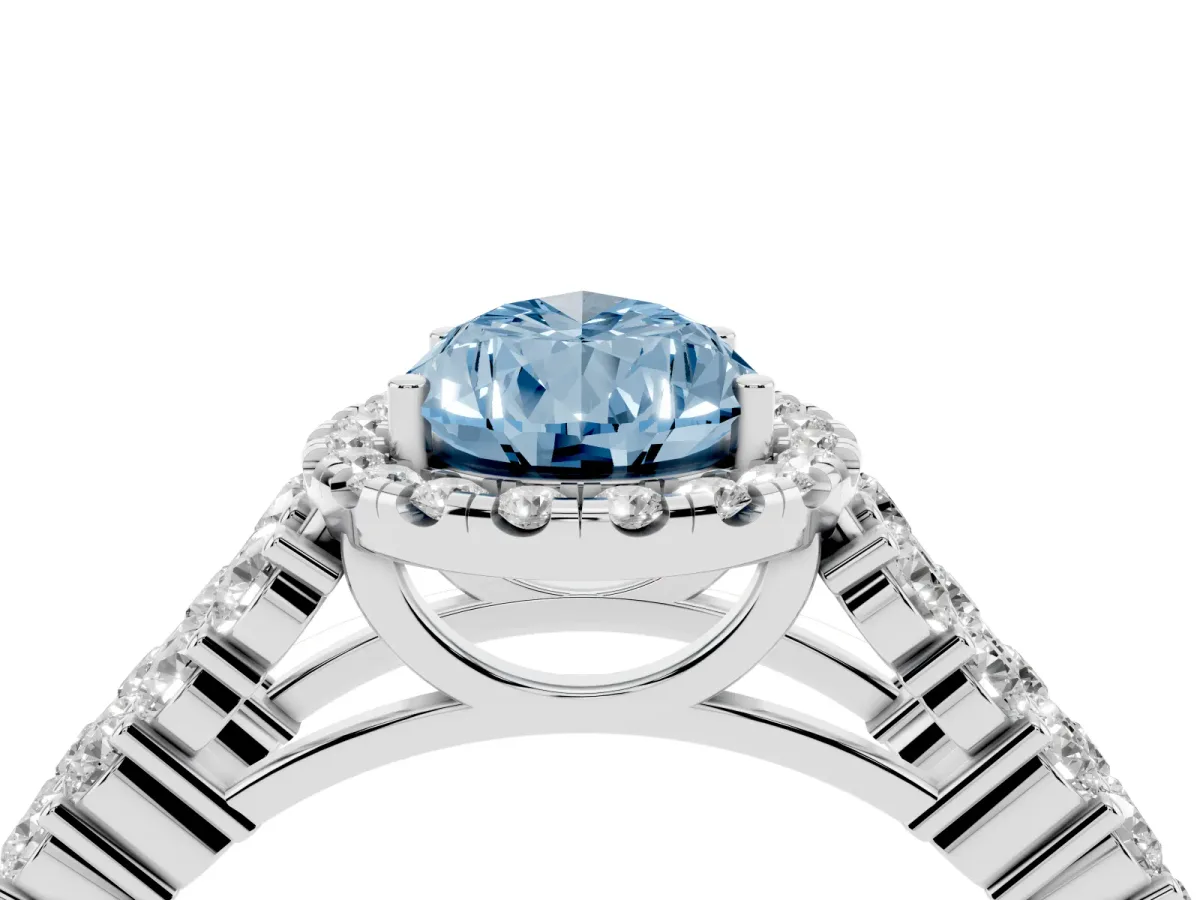 Fancy Blue Pear Cut Diamond Halo Engagement Ring with Triple Row Round Pavé Band and Prong Setting White gold