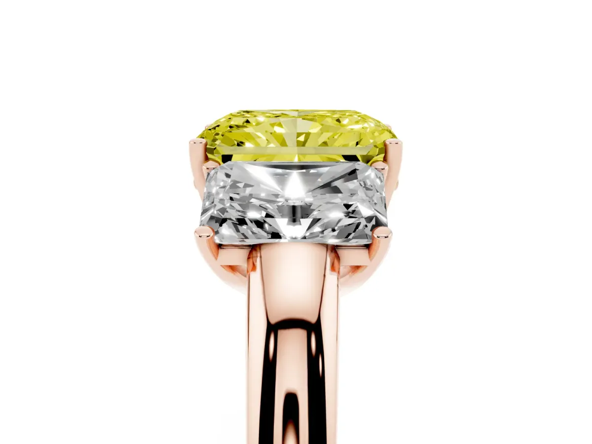 Fancy Yellow Radiant Cut Diamond Three-Stone Ring with Four-Prong Setting and Classic Band Rose gold