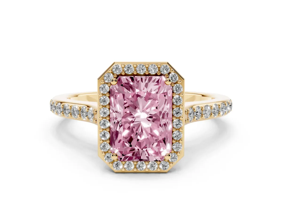 Fancy Pink Radiant Cut Diamond Halo Engagement Ring with Round Pavé Shoulders and Prong Setting Yellow gold