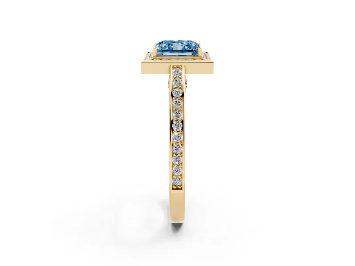 Fancy Blue Princess Cut Cut Halo Pave Split Shank Prong Setting Ring Yellow gold