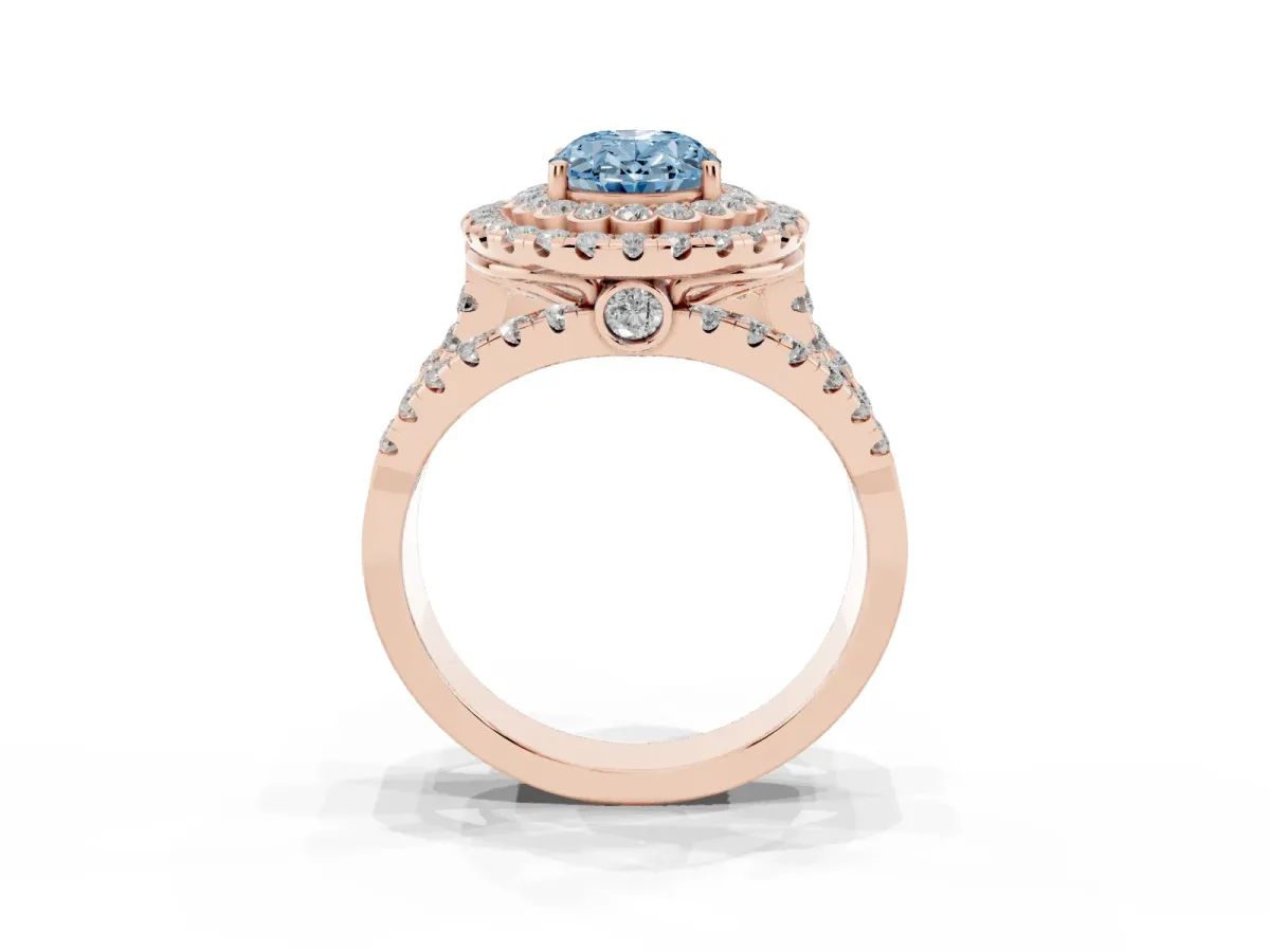Fancy Blue Oval Cut Diamond Double Halo Ring with Round Pavé Split Shank and Prong Setting Rose gold