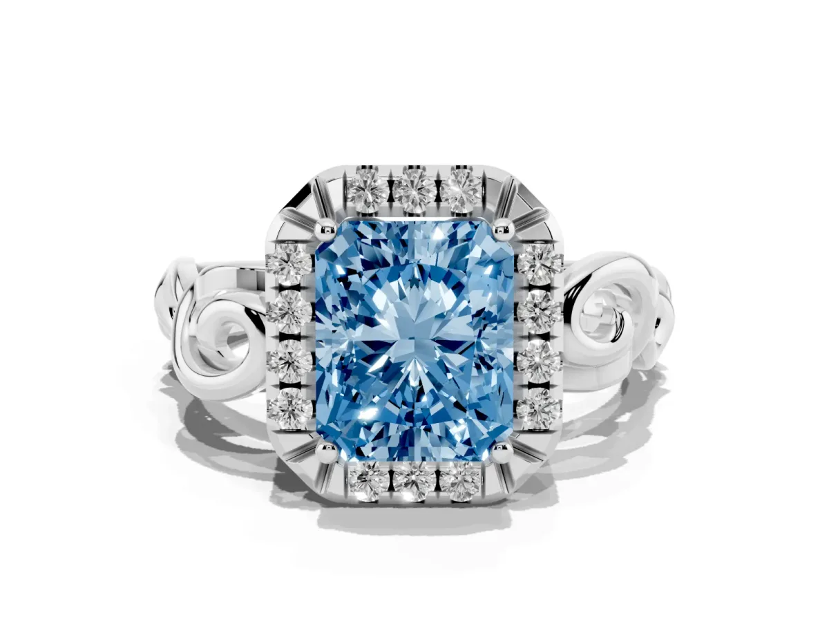 Fancy Blue Radiant Cut Cut Halo Diamond Ring with Scrollwork Band and Four-Prong Setting Silver