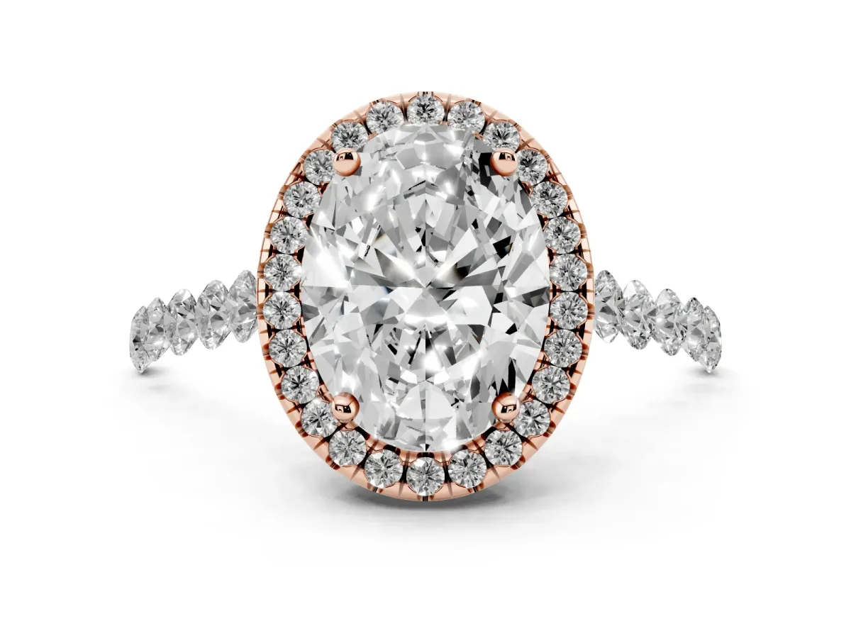 Oval Cut Halo Pavé Diamond Engagement Ring with Four-Prong Setting Rose gold
