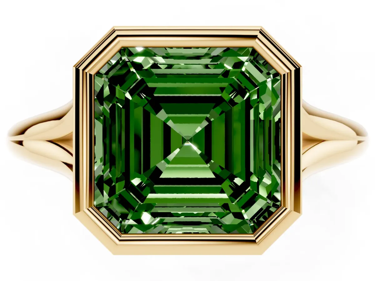 Fancy Green Bezel Set Asscher Cut Cut Solitaire Ring with Tapered Band Yellow gold