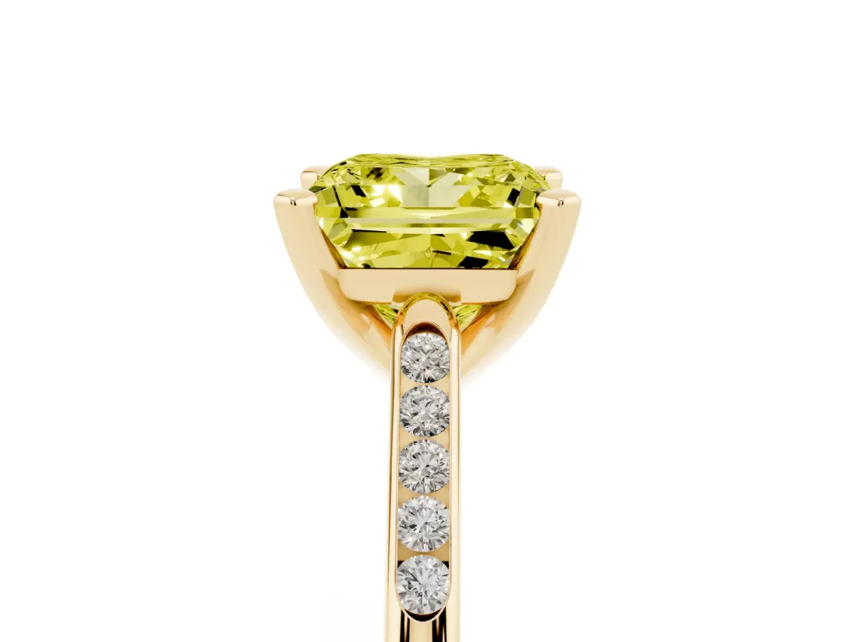Fancy Yellow Princess Cut Diamond Solitaire Ring with Channel Set Round Band and Prong Setting Yellow gold