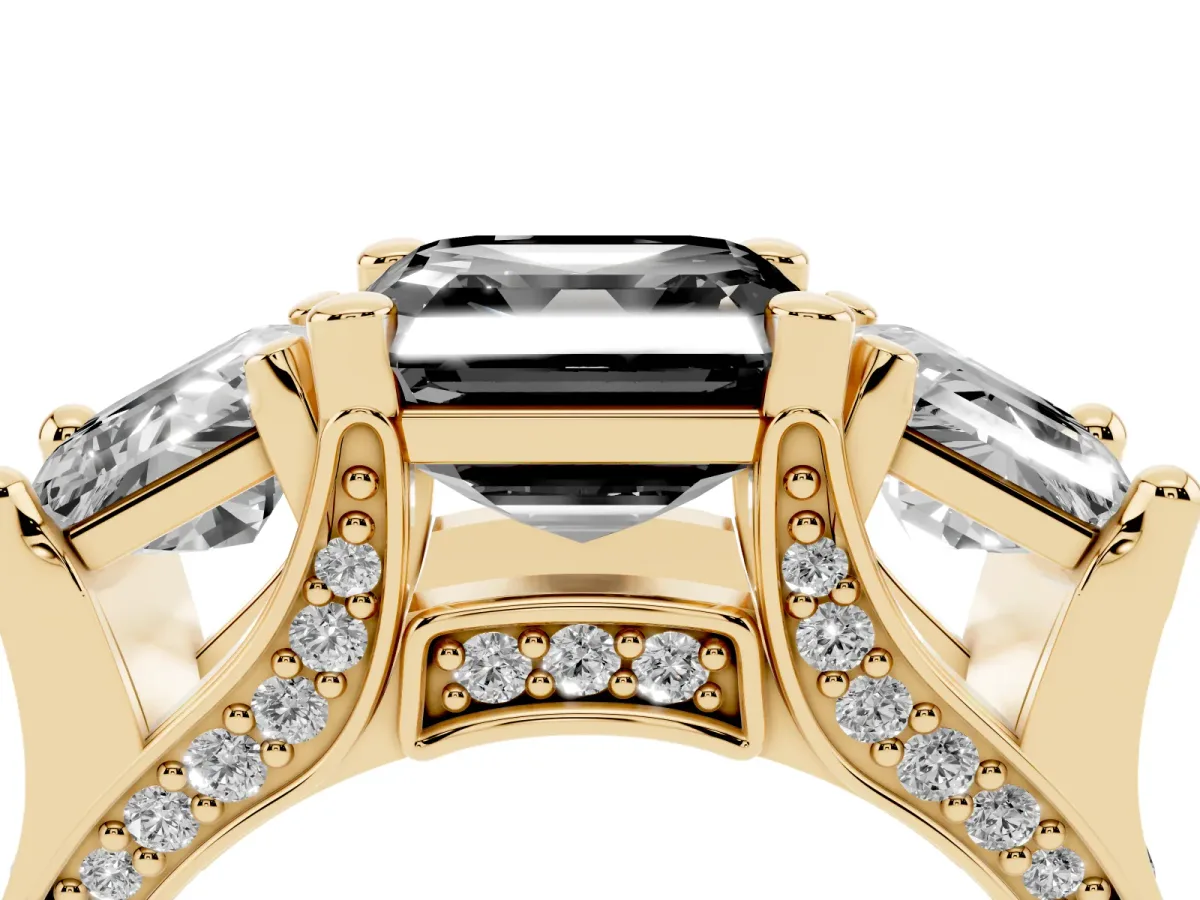 Fancy Black Asscher Cut Diamond Three-Stone Ring with Channel Set Band and Four-Prong Setting Yellow gold