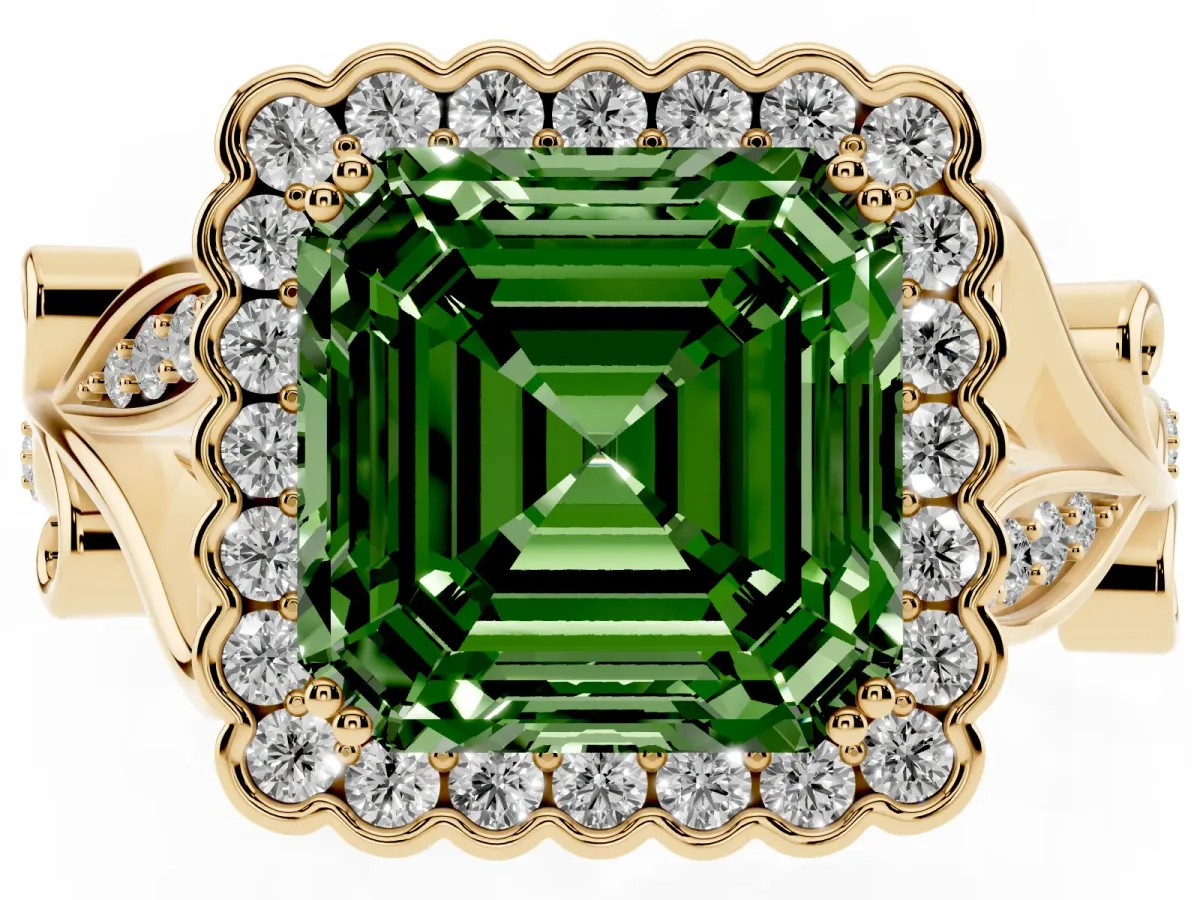 Fancy Green Asscher Cut Diamond Halo Ring with Vintage Split Shank and Four-Prong Setting Yellow gold