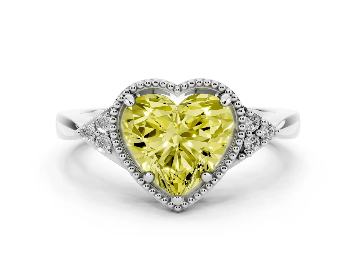 Fancy Yellow Hexagonal Halo Heart Cut Diamond Solitaire with Pavé Band and Four-Prong Setting Silver