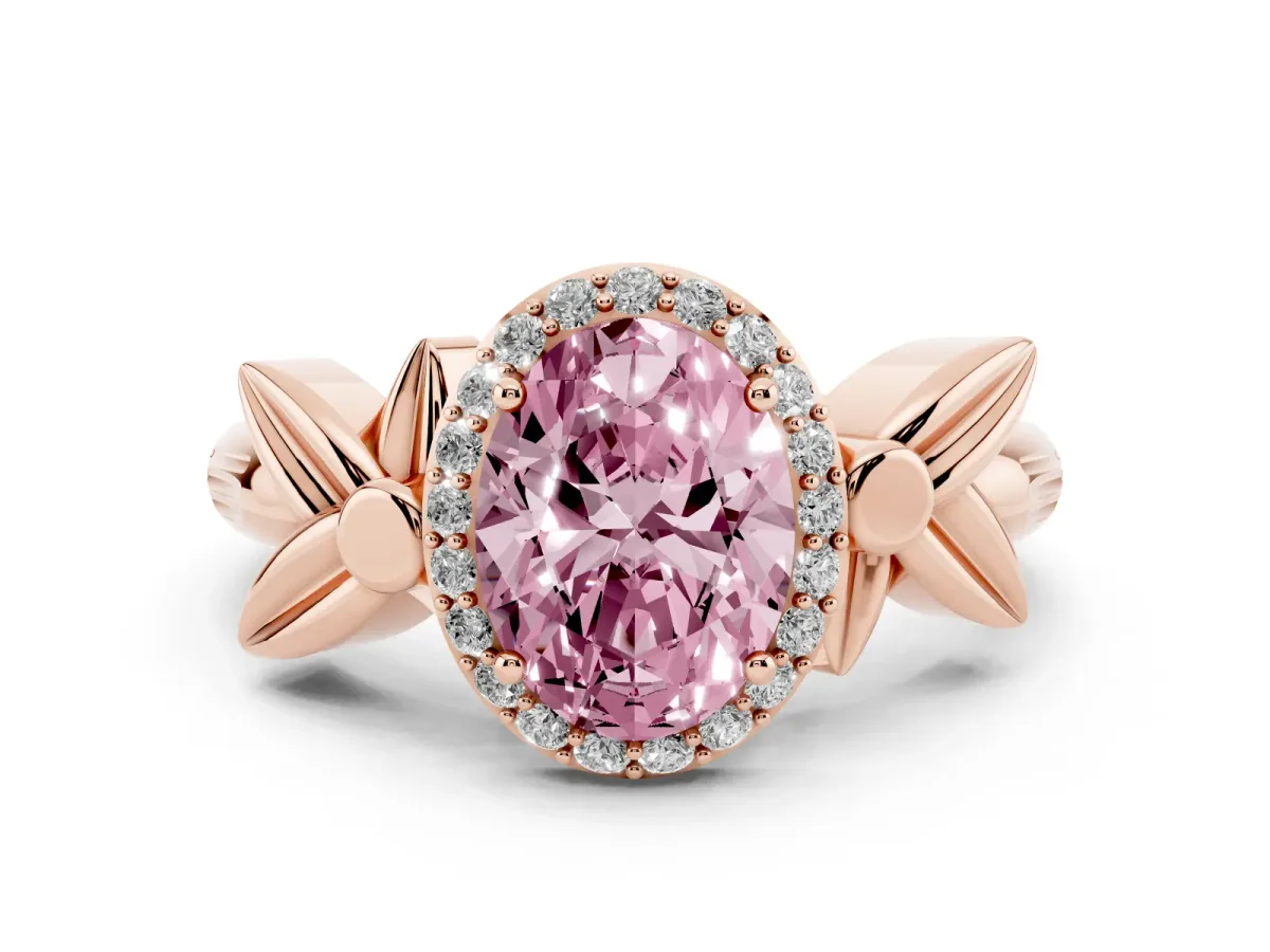 Fancy Pink Oval Cut Halo Diamond Floral Band with Four-Prong Setting Rose gold