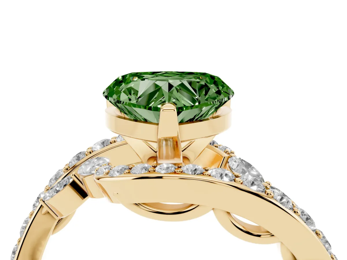 Fancy Green Heart Cut Solitaire with Pavé Twist Band and Four-Prong Setting Yellow gold