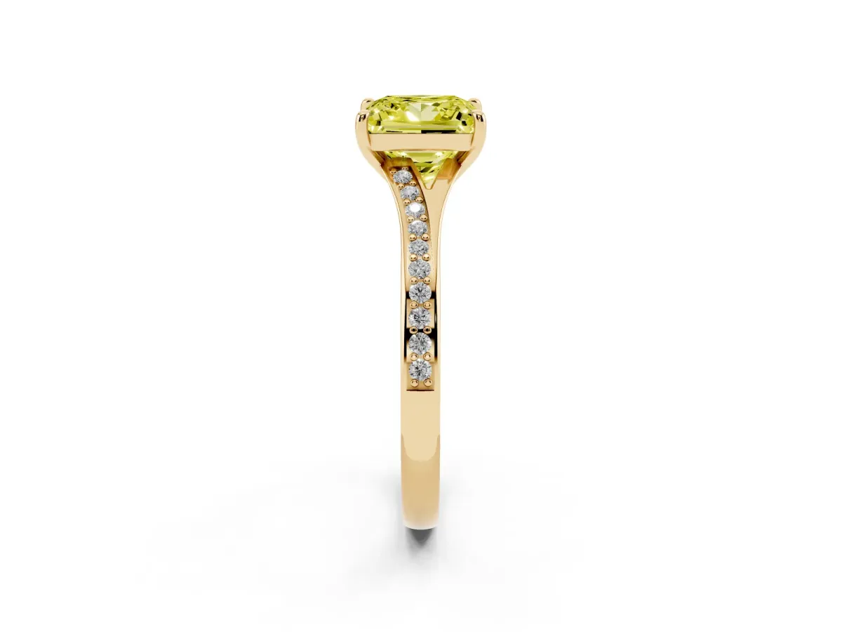 Fancy Yellow Princess Cut Diamond Solitaire Ring with Pavé Band and Prong Setting Yellow gold