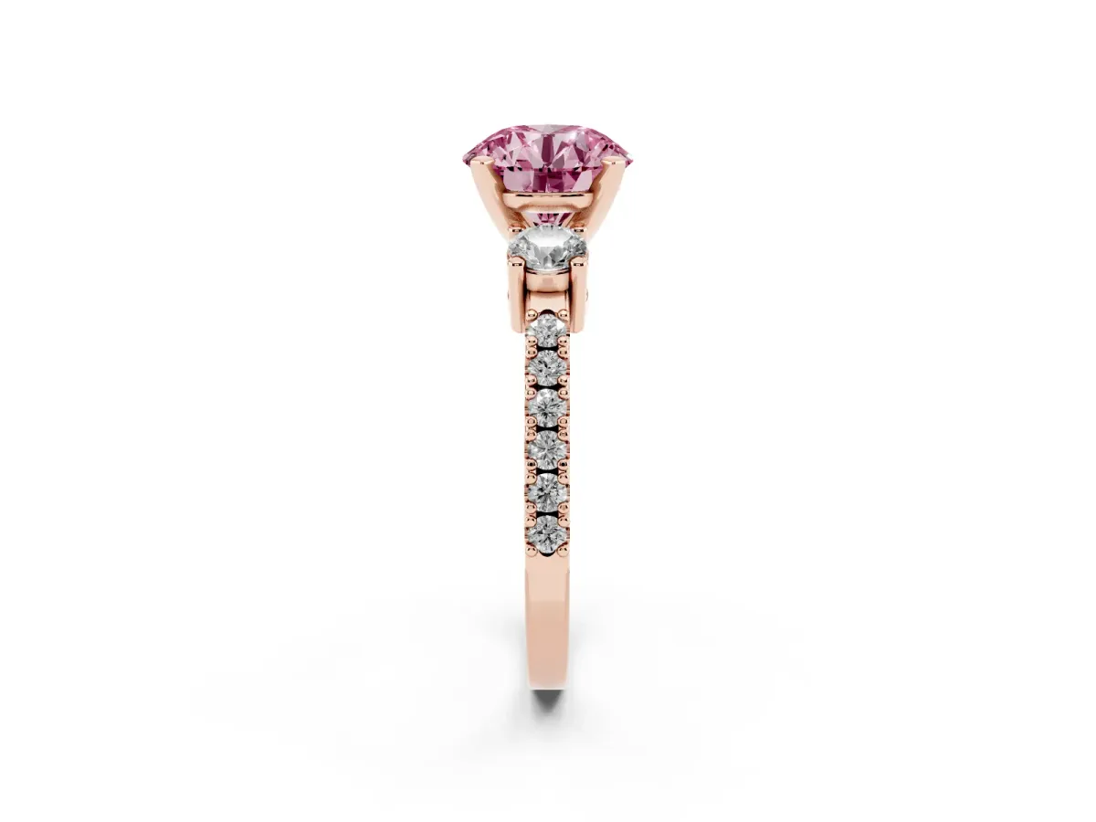 Fancy Pink Round Cut Three-Stone Diamond Pavé Band with Prong Setting Rose gold