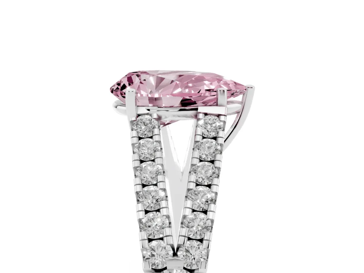 Fancy Pink Pear Cut Diamond Split Shank Pavé Engagement Ring with Four-Prong Setting White gold