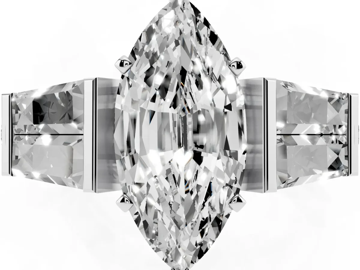 Marquise Cut Diamond Engagement Ring with Baguette Side Stones and Channel Set Band Platinum