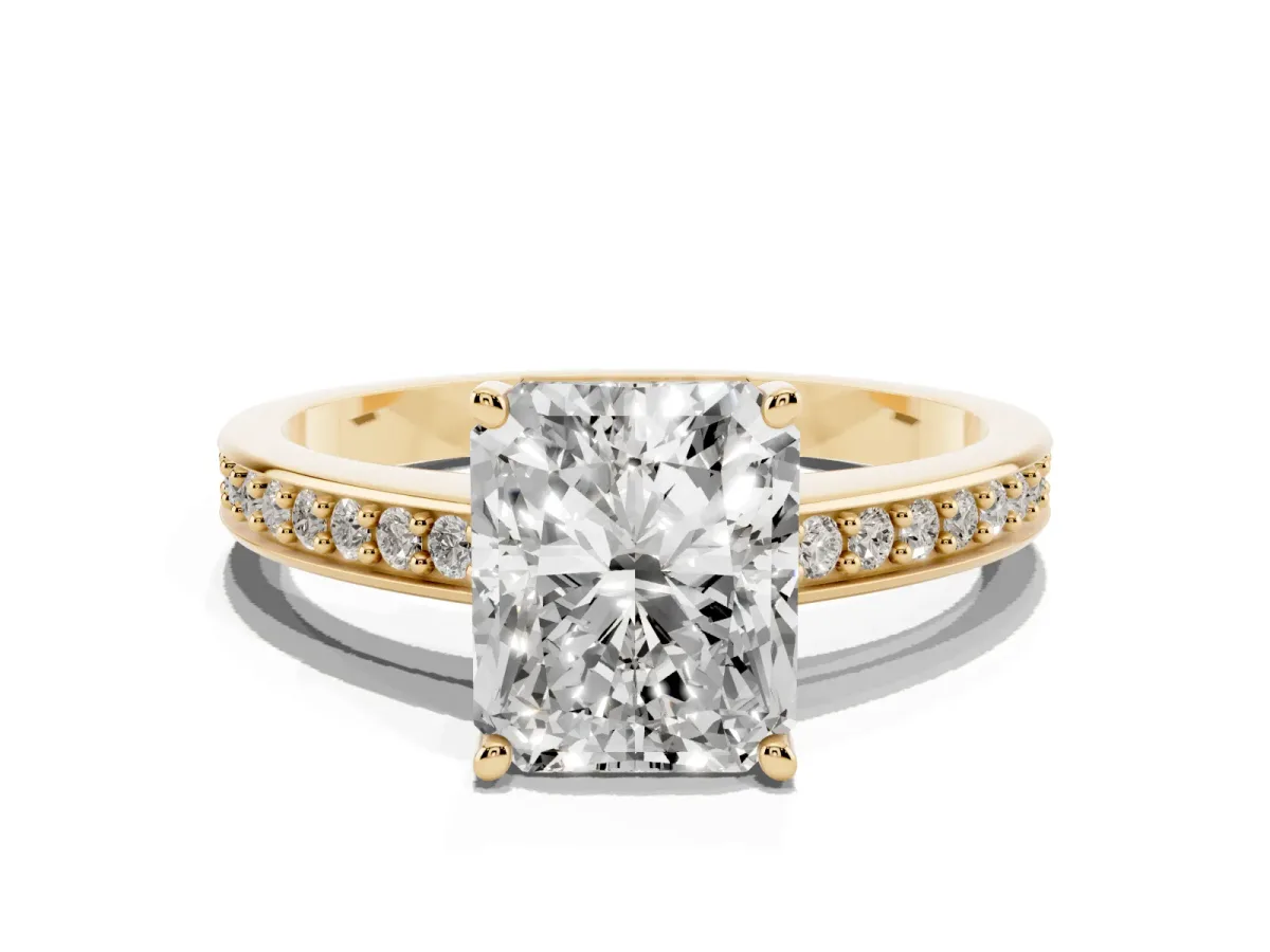Radiant Cut Solitaire Pavé Band Prong Setting Ring Yellow gold