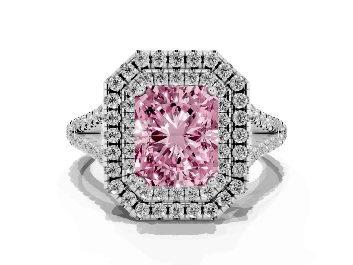 Fancy Pink Radiant Cut Diamond Double Halo Ring with Pavé Band and Prong Setting Silver