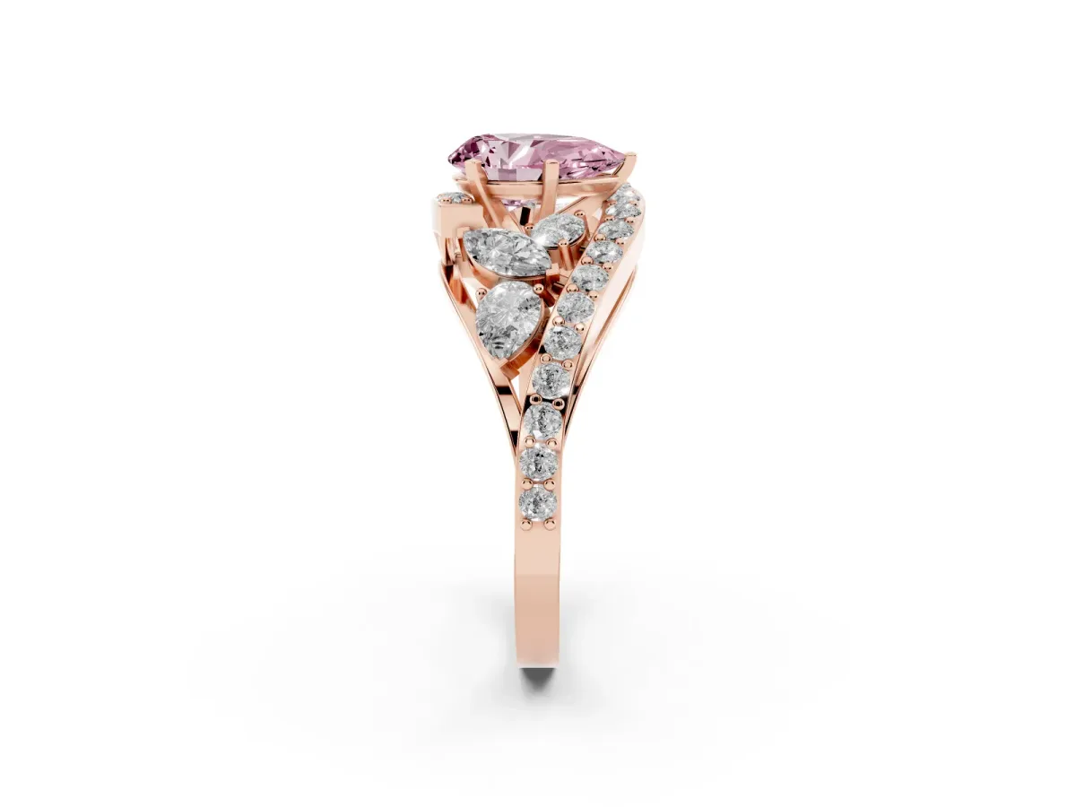 Fancy Pink Pear Cut Diamond Halo Ring with Marquise and Pavé Band in Prong Setting Rose gold