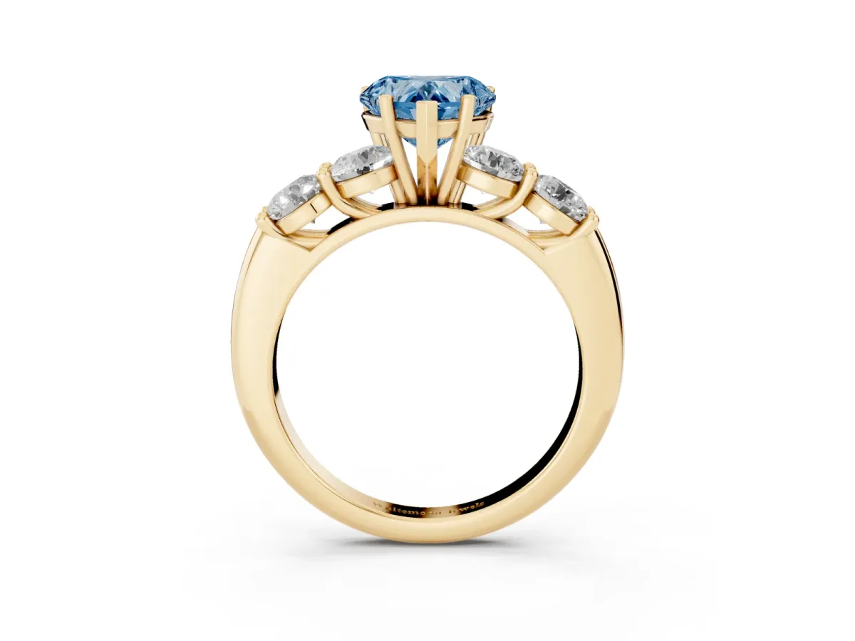 Fancy Blue Heart Cut Cut Five-Stone Prong Set Diamond Ring with Classic Band Yellow gold