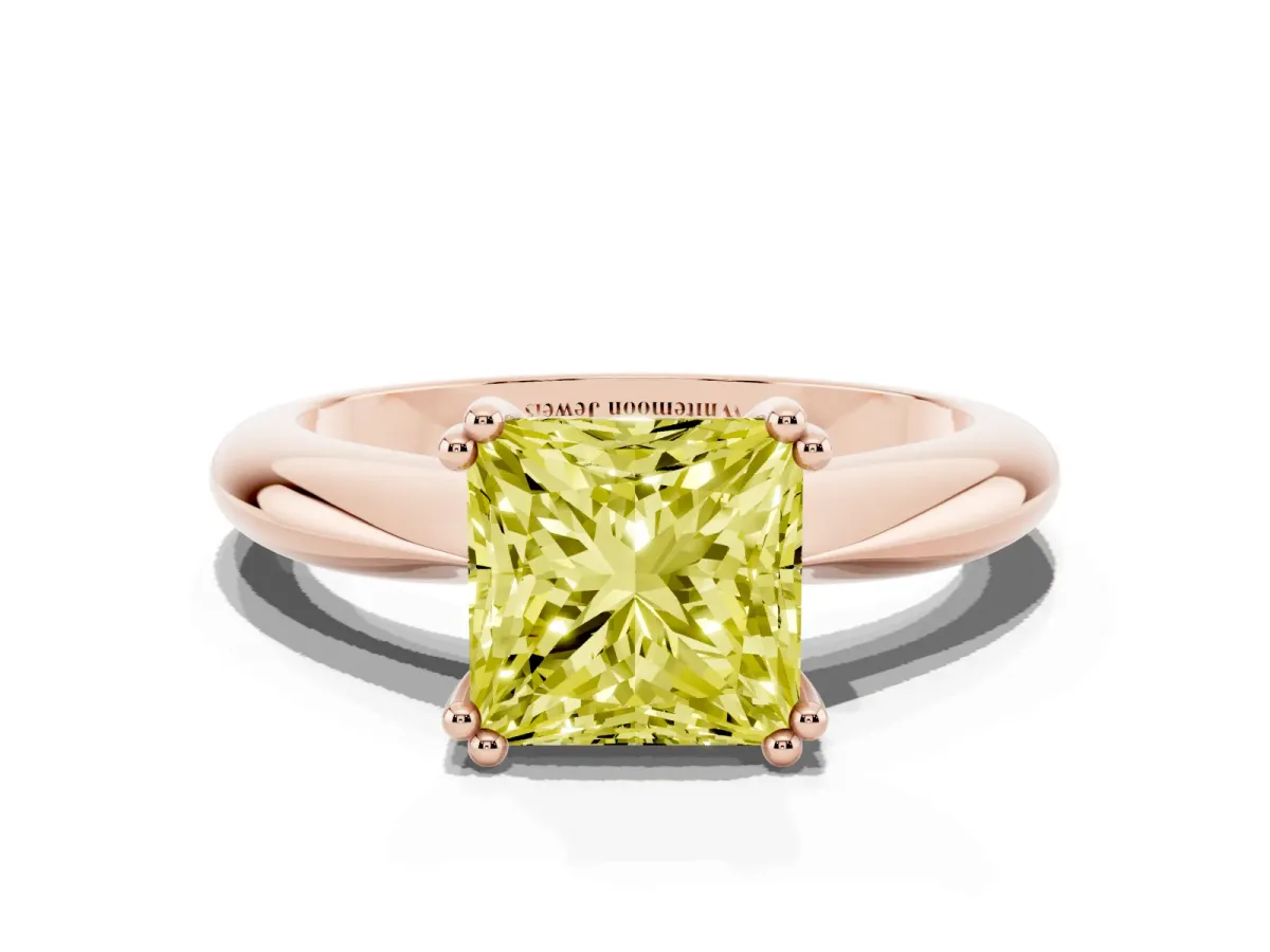 Fancy Yellow Princess Cut Cut Solitaire Engagement Ring with Tapered Band and Four-Prong Setting Rose gold