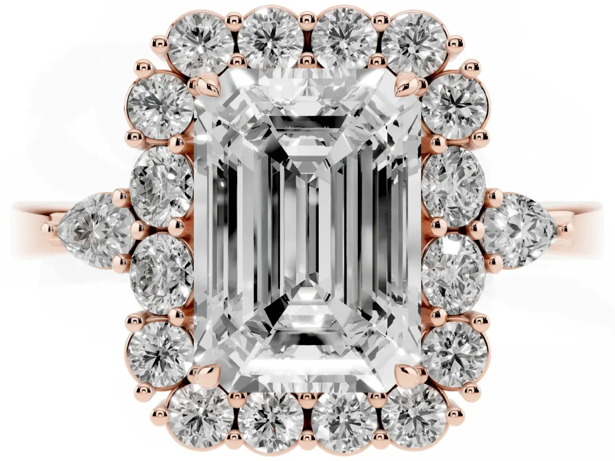 Emerald Cut Diamond Halo Ring with Pear Side Stones and Prong Setting Rose gold