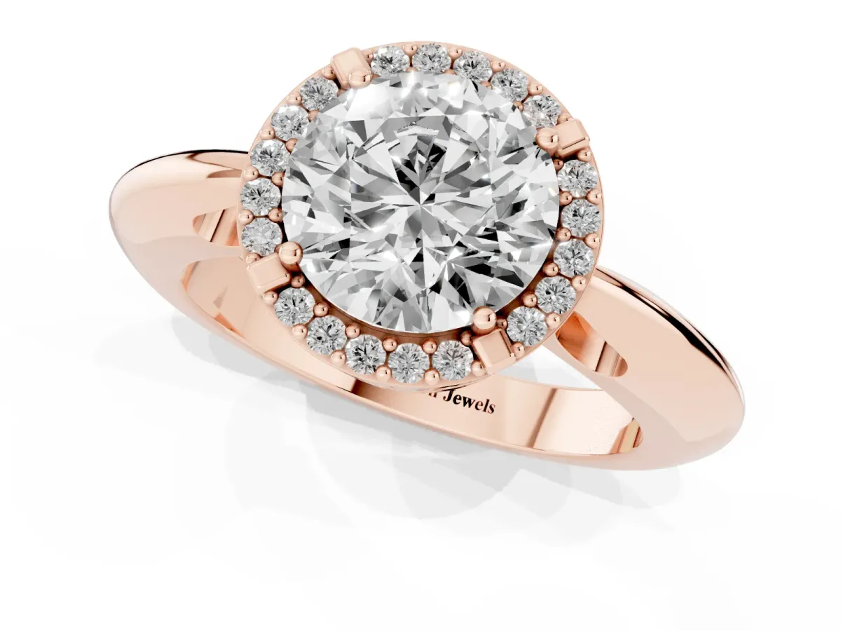 Round Cut Cut Diamond Halo Engagement Ring with Split Shank and Four-Prong Setting Rose gold