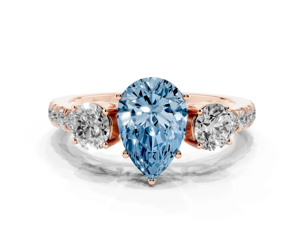 Fancy Blue Pear Cut Cut Diamond Three-Stone Ring with Round Side Stones and Pavé Band Rose gold