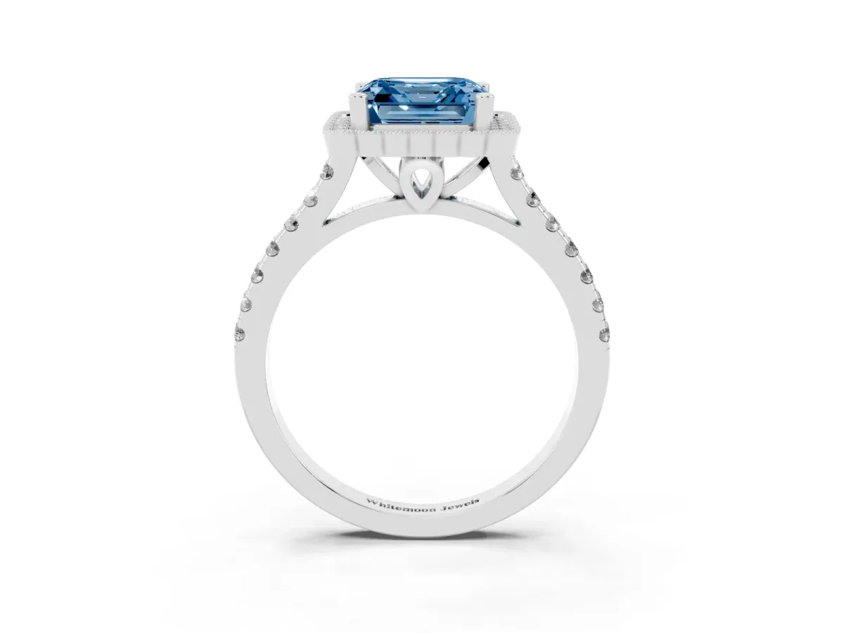 Fancy Blue Asscher Cut Cut Diamond Milgrain Floral Halo Engagement Ring with Pavé Band White gold