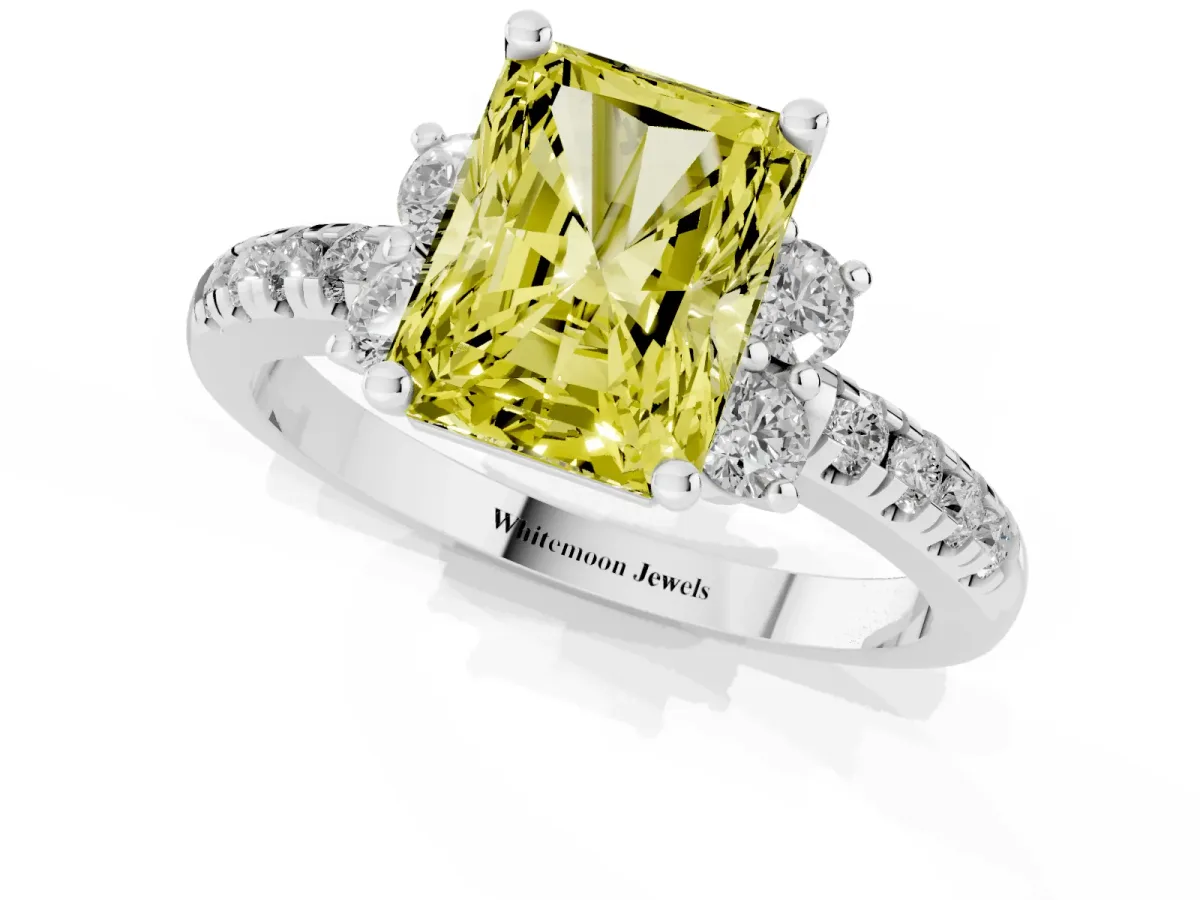 Fancy Yellow Radiant Cut Diamond Three-Stone Pave Band with Four-Prong Setting Silver