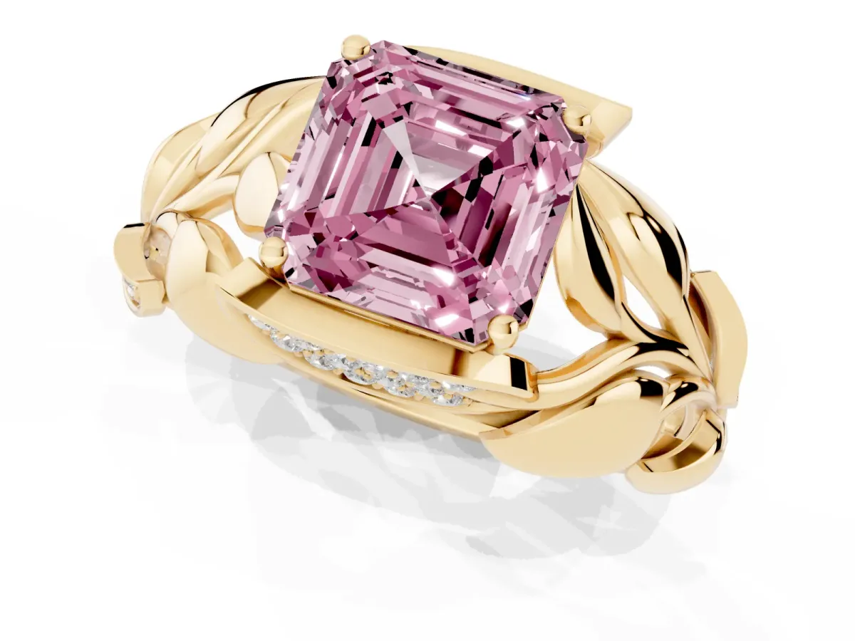 Fancy Pink Asscher Cut Diamond Leaf-Inspired Engagement Ring with Round Accents and Prong Setting Yellow gold