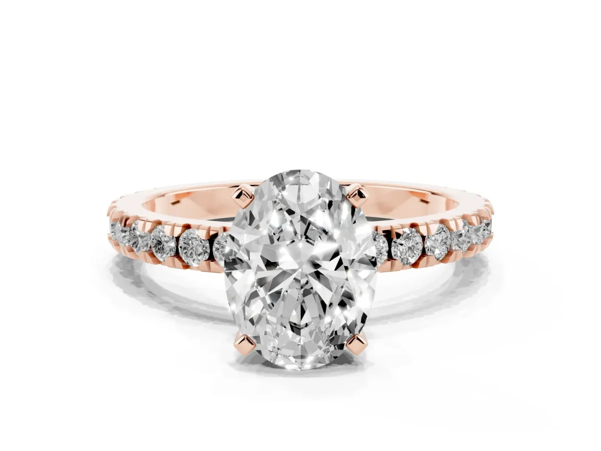 Oval Cut Diamond Pavé Band Solitaire with Four-Prong Setting Rose gold