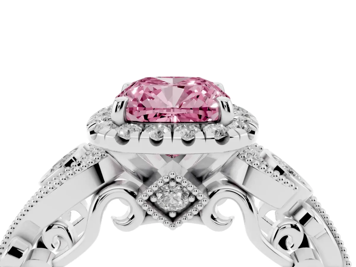 Fancy Pink Cushion Cut Halo Diamond Ring with Milgrain and Bezel Accents on a Split Shank Band Silver