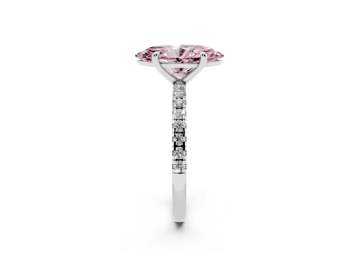 Fancy Pink Marquise Cut Diamond Brilliant Solitaire Ring with Pavé Band and Four-Prong Setting Platinum